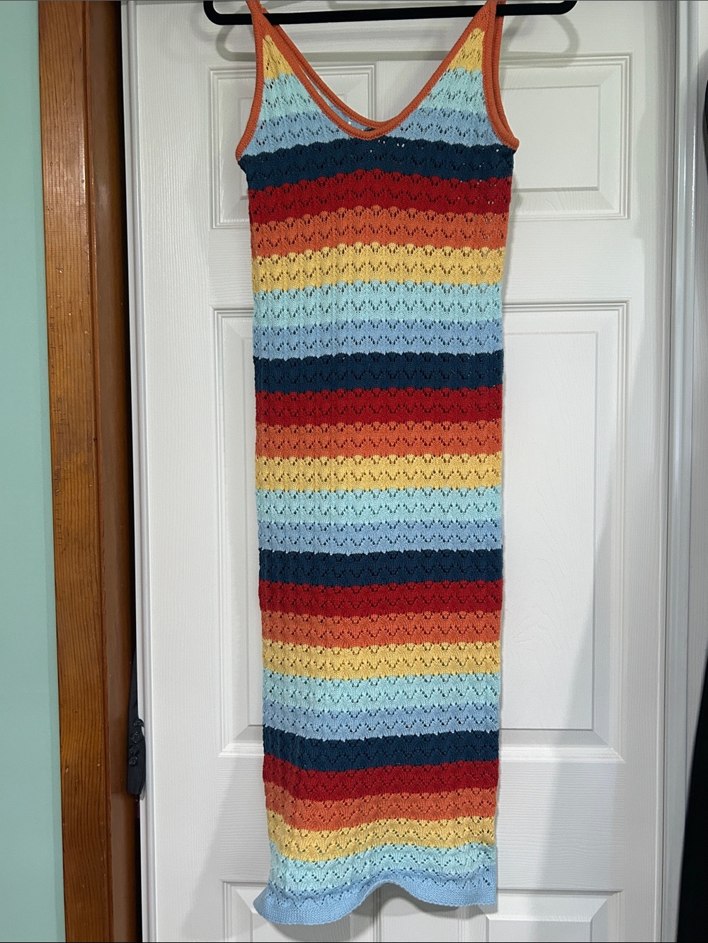 SHEIN Multicolor Striped Crochet Maxi Dress — Red, Blue, Yellow